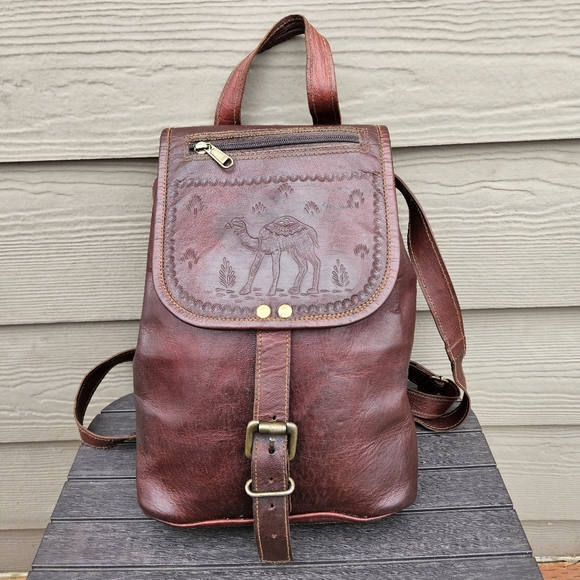 Vintage Handbags - Vintage Camel Tooled Leather Brown Backpack India Unique Flap Top Bag Purse